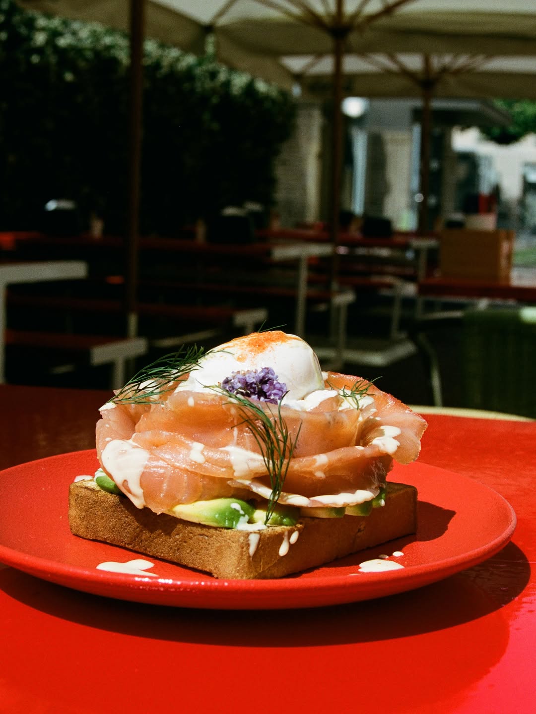 A salmon, avocado and poached-egg toast on a red plate on the terrace, umbrellas and benches of the pedestrian court behind.
